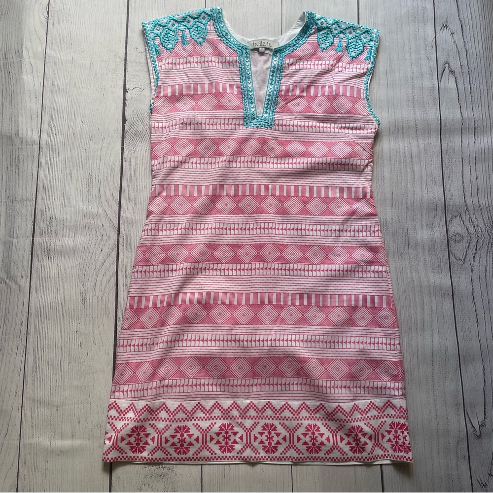 bella tu Red & Teal Embellished Sleeveless Dress Size Small
